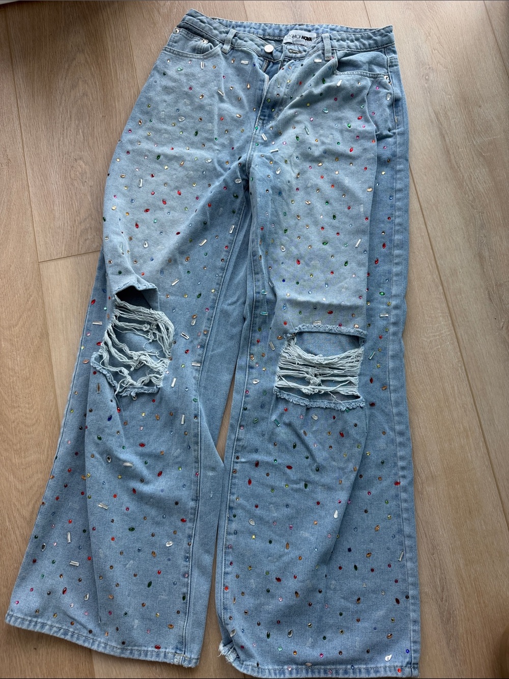 Fashion Nova Light Blue Wide-Leg Distressed Jeans with Multicolor Studs
